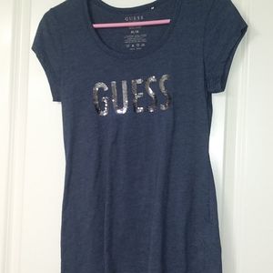 GUESS NWOT Gunmetal Sequin Denim blue Logo Tshirt